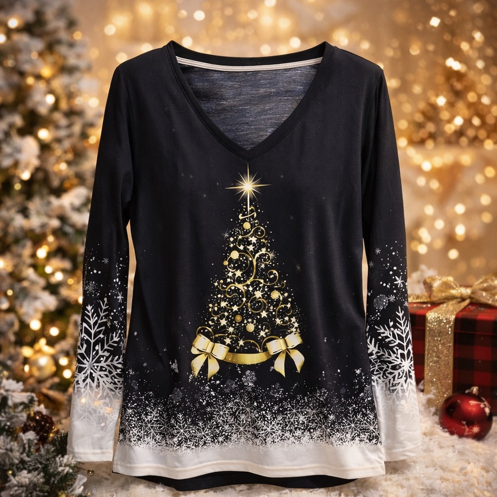 Women’s Christmas Tree Snowflake Long Sleeve V Neck Shirt Size M Black Gold